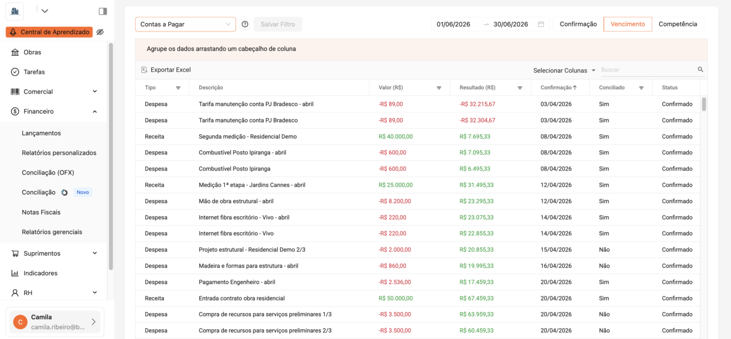 Sistema integrado: Relatório Financeiro Personalizado na tela de Financeiro do Sistema de Gestão de Obras da Brickup