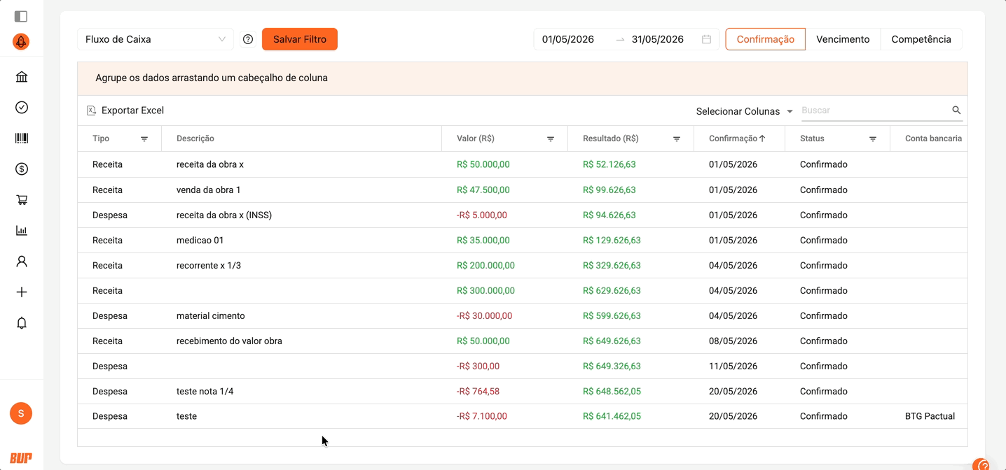 Filtros Relatório Financeiro Brickup