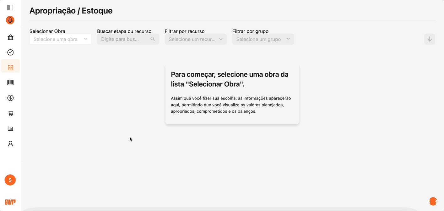exportar o Estoque/Apropriação da Obra