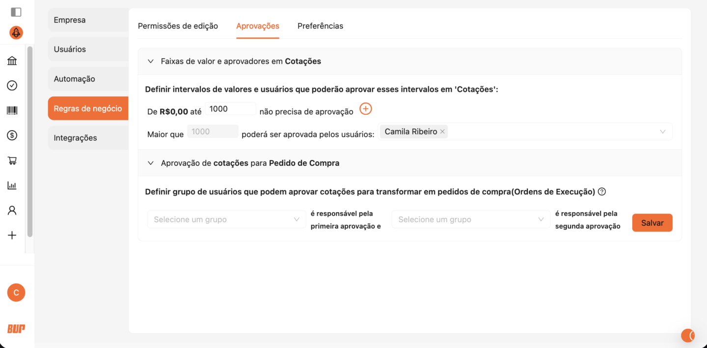 Duplo nível de aprovação da cotação